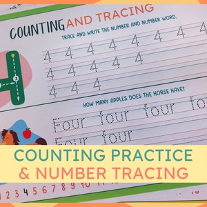 May include: A colorful worksheet for kids to practice counting and tracing the number four. The worksheet features a large number four with arrows showing the correct stroke order for tracing. There are multiple lines for tracing the number four and writing the word "four". The worksheet also includes a picture of a horse with apples, asking "How many apples does the horse have?"
