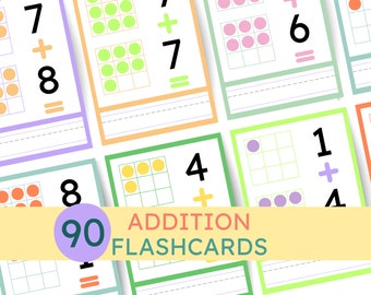 Printable Addition Flash Cards | Math Facts Flashcards | Guided Sums | Facts 0 to 9 | Preschool Kindergarten Maths | 90 Addition Facts Cards