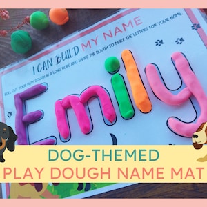 Alfombrilla de plastilina con nombre personalizado / Práctica de escritura / Actividad de plastilina imprimible / Hoja de trabajo para niños pequeños / Temática de perros / Alfombrilla de plastilina con nombre personalizado