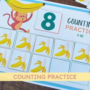 May include: A printable worksheet for counting practice features a monkey holding a banana and eight individual images of bananas. The worksheet includes the number 8 and the text "Counting Practice 1-10".