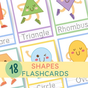 Pode incluir: 18 flashcards coloridas que apresentam diferentes formas geométricas com rostos fofinhos. Cada cartão tem uma linha pontilhada para traçar o nome da forma: quadrado, triângulo, losango, oval, círculo, hexágono, pentágono, retângulo, estrela, coração, trapézio, lua crescente, diamante e muito mais.