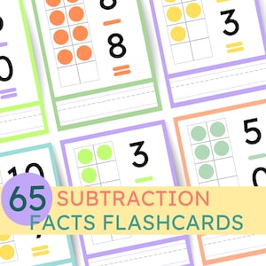 Peut inclure: 65 cartes de flash de soustraction avec des arrière-plans colorés et des cercles représentant des nombres. Les cartes de flash sont conçues pour aider les enfants à apprendre les faits de base de la soustraction.