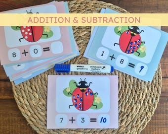 Ladybug Addition and Subtraction Task Card Bundle for Kindergarten Math Center Activity for Preschool Flashcards with Equations Within 10