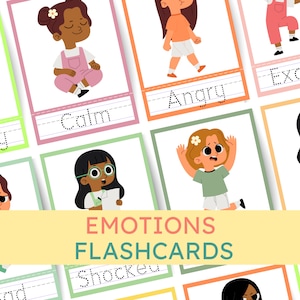 Tarjetas didácticas imprimibles sobre emociones y sentimientos, tarjetas Montessori, tabla de emociones, actividades y aprendizaje para niños pequeños en edad preescolar y educación en casa, niñas