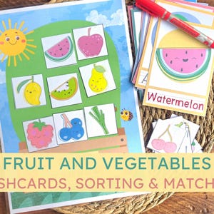 Montessori Fruit and Vegetable Sorting Flashcards with Writing Practice, Fruits & Veggie Matching Activity, Cut and Sort Worksheet