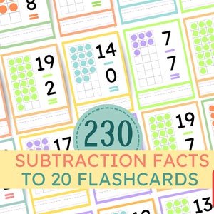 Flashcards e planilhas de subtração para impressão, fatos completos até 20, habilidades de matemática e numeramento, atividades básicas de matemática, aprendizagem de números