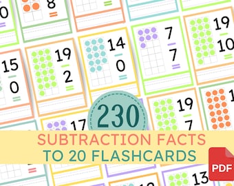 Subtraction Flashcards and Task Cards: Facts to 20, Math Center and Numeracy Skills (Printable)