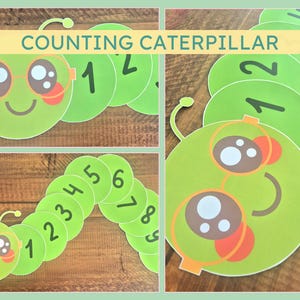 May include: A green caterpillar with a smiling face and glasses is made up of 9 circles. Each circle has a number from 1 to 9. The caterpillar is on a wooden surface. The text "COUNTING CATERPILLAR" is at the top of the image.