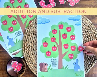 Addition and Subtraction within 10 Matching Activity: Apple Tree Math Centre and Game (Printable)