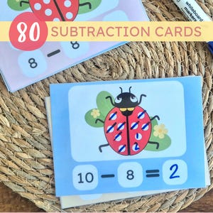 May include: A blue and white card with a red ladybug with black spots and blue stripes on its wings. The card has the equation 10 - 8 = 2 written on it. The card is part of a set of 80 subtraction cards.