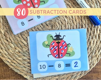 Ladybug Math Center Activity: Subtraction within 10 Task Cards and Single Digit Worksheet (Printable)
