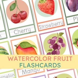 Schede flash stampabili con frutta ad acquerello per bambini piccoli e in età prescolare, carte Montessori, stampabili per l'istruzione domiciliare, flashcard e risorse ESL