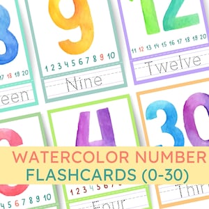 Flashcards numériques imprimables à l'aquarelle | Nombres et comptage pour le préscolaire | Traçage et écriture | Cartes Flash Montessori | Activité sur les nombres