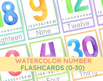 Watercolor Number Flashcards to 30: Tracing, Writing and Counting Practice for Preschoolers & Toddlers (PDF)