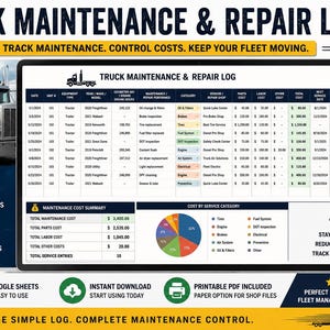 Pode incluir: Um modelo digital de registro de manutenção e reparo de caminhões para Excel e Google Sheets. A tela mostra uma tabela de manutenção detalhada, um resumo de custos e um gráfico de pizza. O texto inclui Truck Maintenance & Repair Log.