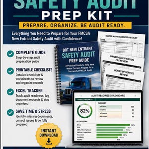 May include: A DOT New Entrant Safety Audit Prep Kit featuring a spiral-bound guide, printable checklists, and an Excel tracker dashboard on a laptop screen. The kit includes documents for FMCSA audit readiness, driver qualification, and hours of service.