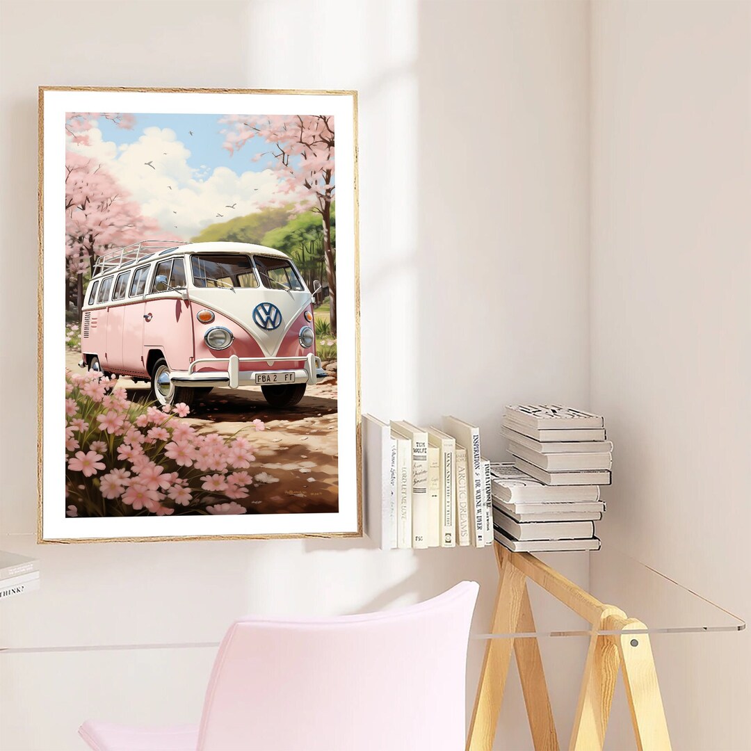 Printable Pink Van Poster, Pink VW Van Wall Art Dopamine Decoration