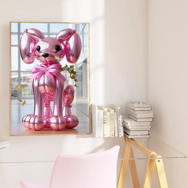 Affiche Préppy Chic - Chien Rose ballon - Décoration élégante pour chambre de fille - Cadeau pour elle, Téléchargement numérique !