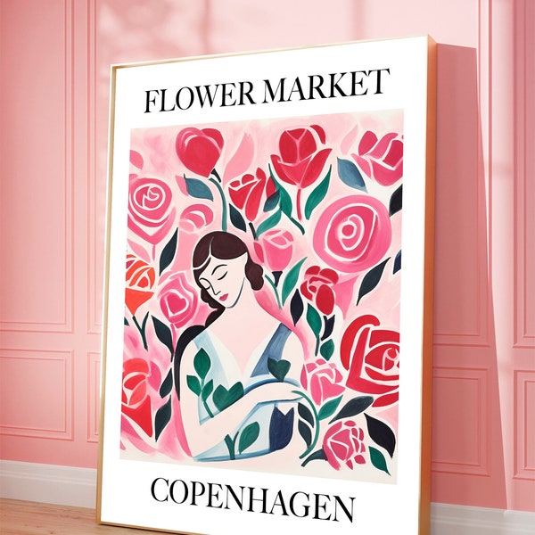 Sublime poster imprimable du marché aux fleurs de Copenhague, Art mural rose pour une décoration de chambre tendance et féminine