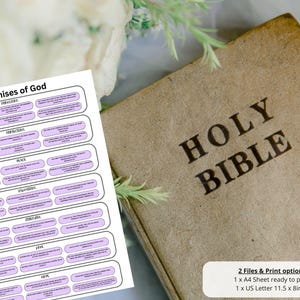 May include: Printable sheet with 42 Bible verses about God's promises. The sheet is white with purple text and borders. The title is "42 Promises of God". The sheet is next to a brown Holy Bible.