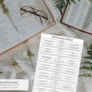 May include: A printable sheet with 42 promises of God, organized by category, such as peace, protection, and joy. The sheet is black and white and includes Bible verses for each promise.