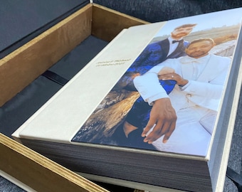 Caixa de álbum de fotos personalizada em madeira de freixo, caixa de lembranças tipo concha