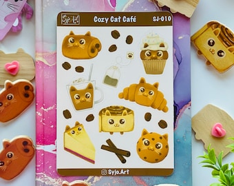 Cozy Cat Cafe Sticker Sheet & Pins | High Quality Vinyl Stickers | Cute animal stickers | Wooden Pins