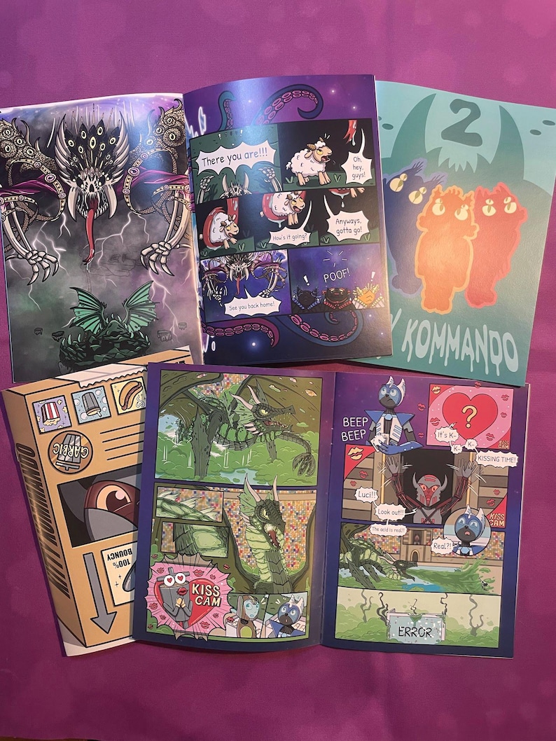 K&ouml;nnte beinhalten: Eine Sammlung von Comics mit farbenfrohen Illustrationen. Die Cover und Innenseiten zeigen verschiedene Charaktere, darunter Drachen, Monster und Roboter. Sprechblasen und Soundeffekte sind auf den Comicseiten zu sehen. Die Comic-Serie tr&auml;gt den Titel "KOMMANDO".