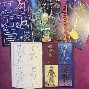 K&ouml;nnte beinhalten: Comic-Buchseiten mit Katzenfiguren in verschiedenen Kost&uuml;men und Szenen. Auf dem Cover steht "KITTY KOMMAND" in Orange und Schwarz. Innenseiten zeigen Illustrationen von Katzen in Aktion, mit Sprechblasen und Panels. Eine Seite hat das Wort "Wow!"