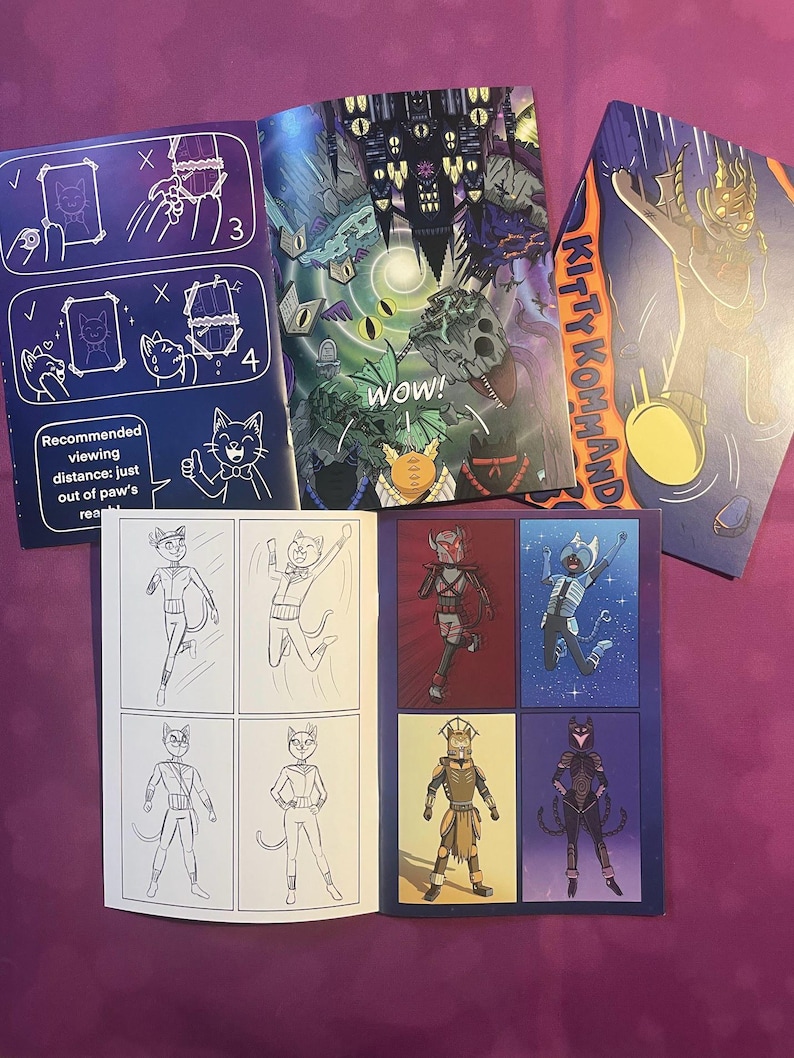 K&ouml;nnte beinhalten: Comic-Buchseiten mit Katzenfiguren in verschiedenen Kost&uuml;men und Szenen. Auf dem Cover steht "KITTY KOMMAND" in Orange und Schwarz. Innenseiten zeigen Illustrationen von Katzen in Aktion, mit Sprechblasen und Panels. Eine Seite hat das Wort "Wow!"