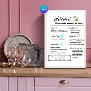 Welcome Sign for Airbnb Hosts, Vacation Rental Printable, Editable Template, Guest Arrival Poster, House Rules, Wifi Password, Sign for VRBO
