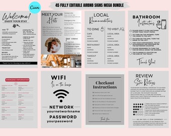 Airbnb Sign Bundle Template, Airbnb Signage, Vacation Rental, Wifi Sign, Airbnb Welcome Book, Checkout List, Airbnb Host, Simple Signs, VRBO