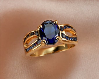 Cute Female Blue Crystal Stone Ring 18KT Yellow Gold Color Big Wedding Promise For Women Oval Zircon Engagement Ring