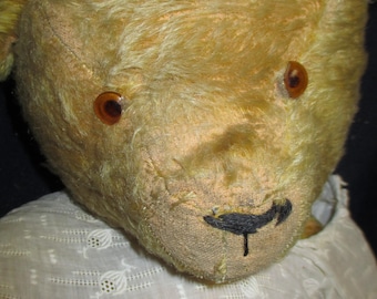 Puede incluir: Primer plano de un oso de peluche vintage con pelaje dorado y ojos color ámbar. El oso tiene una boca negra cosida y viste un vestido blanco con bordados florales. El pelaje del oso muestra signos de desgaste.