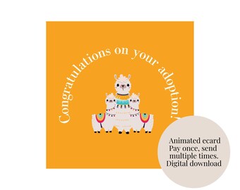 Congratulations on your adoption animated e-card | 1 becomes 3, yellow | digital file | fun, easy, eco-friendly | pay once, send multiples