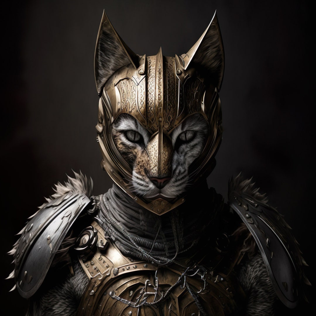 Cat in Armor, Digital Art Etsy
