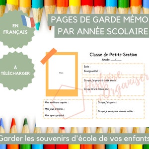 Memo cover page of school year memories, nursery and primary school, classification of school memories, organization of children's drawings