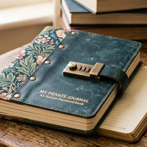 May include: A5 size private journal with a combination lock. The cover is teal leather with a floral patterned accent. The journal is open to a blank page, with a pen and small succulent plant nearby. The text on the journal reads "MY PRIVATE JOURNAL A5 Fashion Password Book."