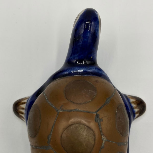Mexican Tonala Pottery Turtle with Brass Shell Figurine