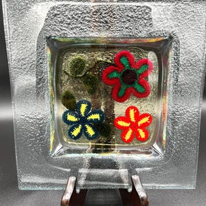 Fused Glass Colorful Flower Dish 9”