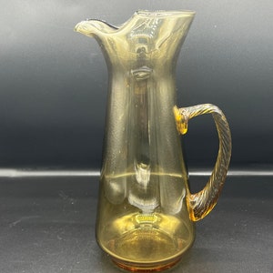 Amber Glass Cocktail Pitcher with Twisted Applied Handle, Vintage Blown Glass, Mid Century