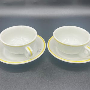 Pair of Pillivuyt White Porcelain Cups & Saucers with Yellow Stripe Rim Vintage Made in France