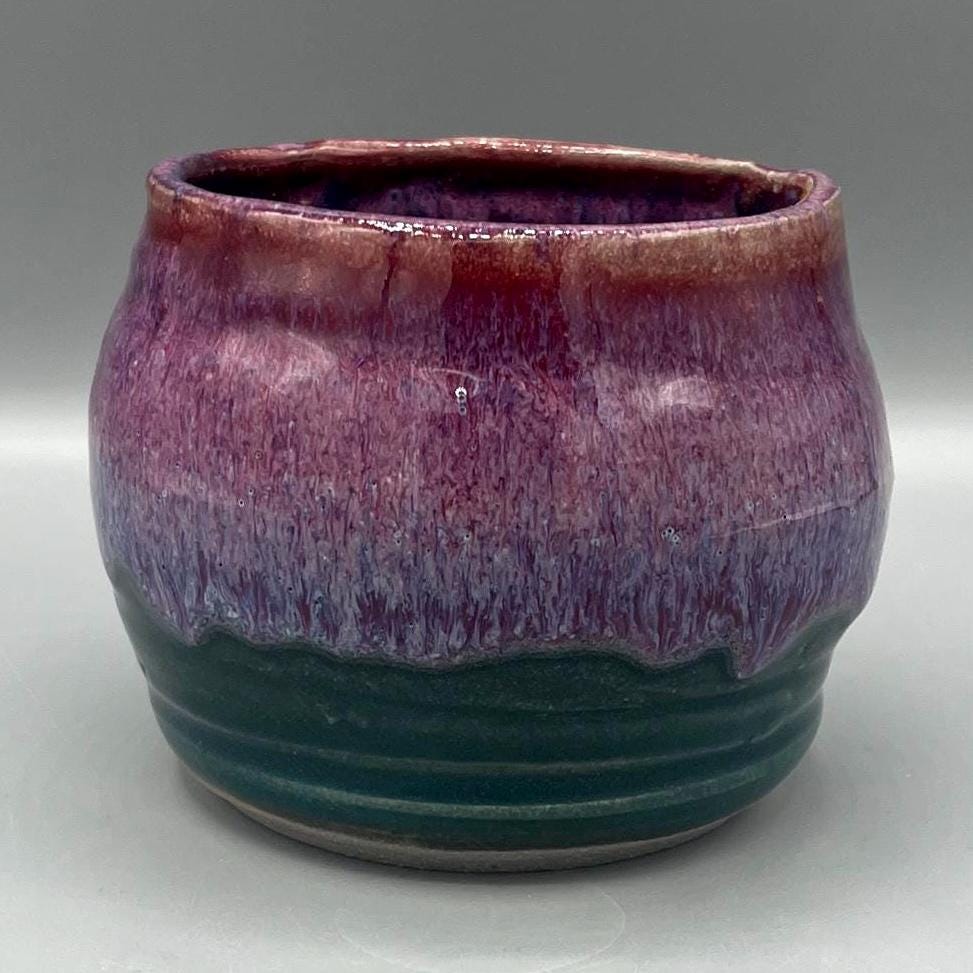 Handmade Studio Pottery Vase, Purple & Teal Drip Glaze 4” Tall, Small Ceramic Planter or Bowl