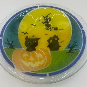 Peggy Karr Fused Glass Plate Halloween Witch and Ghost