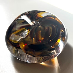 Abstract Flower Blown Glass Paperweight, Brown and Clear, Swirl Design