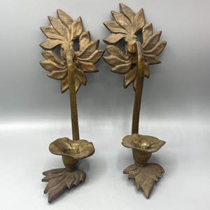 Vintage Brass Wall Sconces – Art Nouveau Hollywood Regency Taper Candle Holders, Leaf & Flower Design