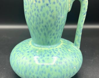 Matte Green Pottery Pitcher, Vintage Speckled Vase, Art Deco Decor, Made in Japan