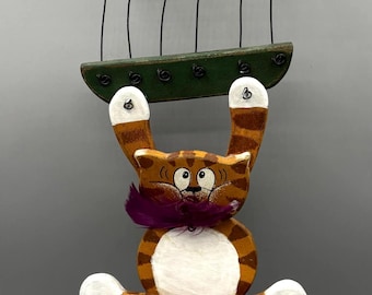Vintage 1990s Hand-Painted Cat Wall Hanging,  “Bird? What Bird?” Wood and Wire Funny Cat Kitsch