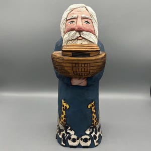 Hand Carved Noah’s Ark Folk Art Figurine, Signed, 12” Tall, Hand Painted Vintage Sculpture