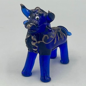 Cobalt Blue Glass Bull Figurine with Floral Silver Overlay, Vintage